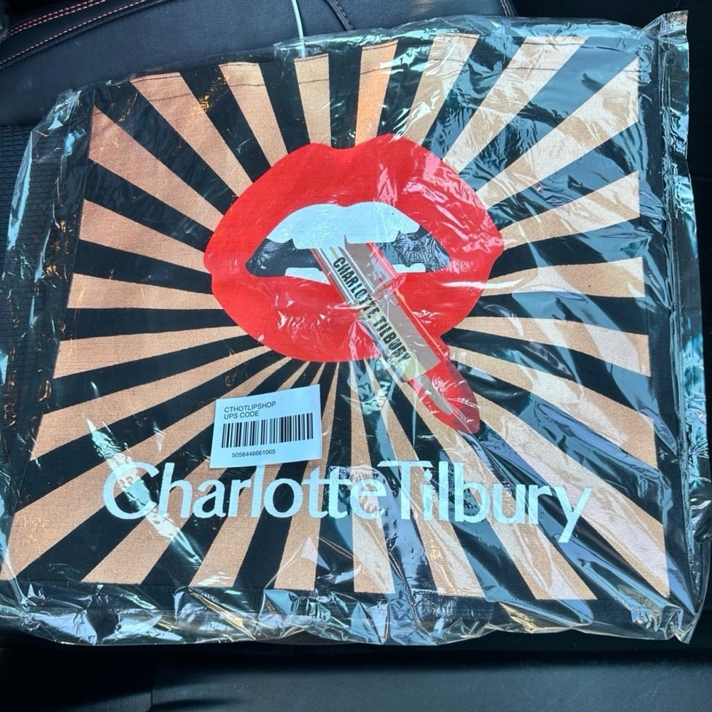 Charlotte Tilbury Black and Gold Large Tote Bag with Red Lips